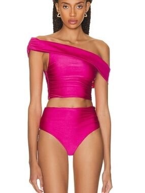 Jonathan Simkhai Lotus Draped Satin Off Shoulder Bikini Set